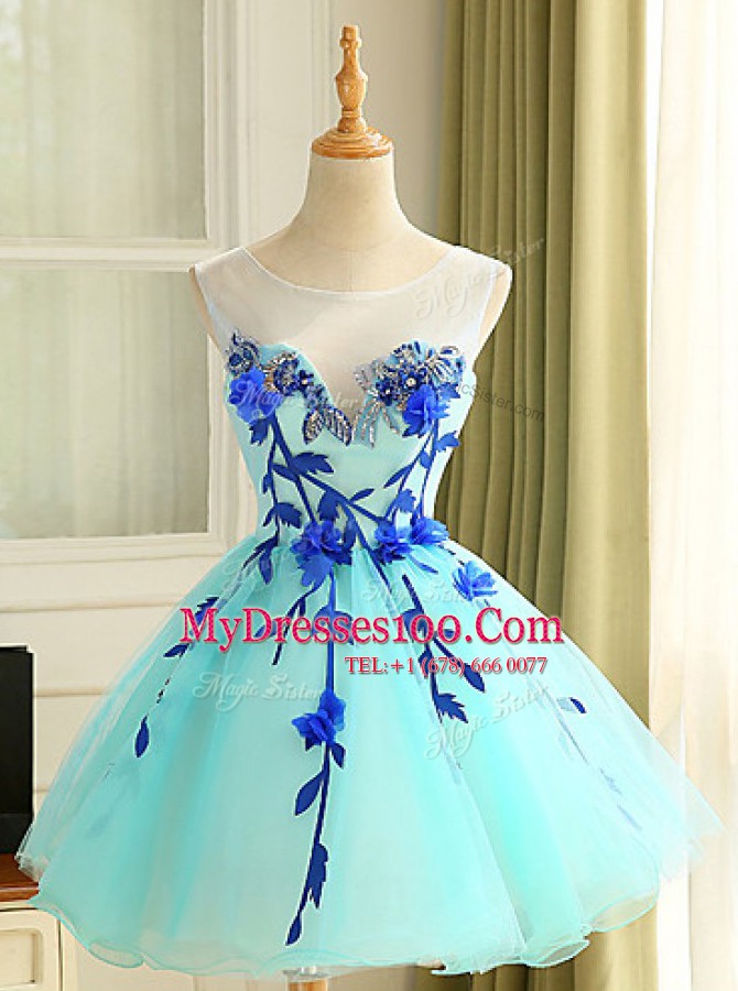 Fashionable Scoop Blue Zipper Homecoming Dress Beading and Appliques Sleeveless Mini Length