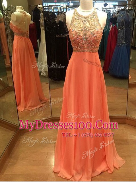 Scoop Backless Orange Evening Dress Chiffon Brush Train Sleeveless Beading