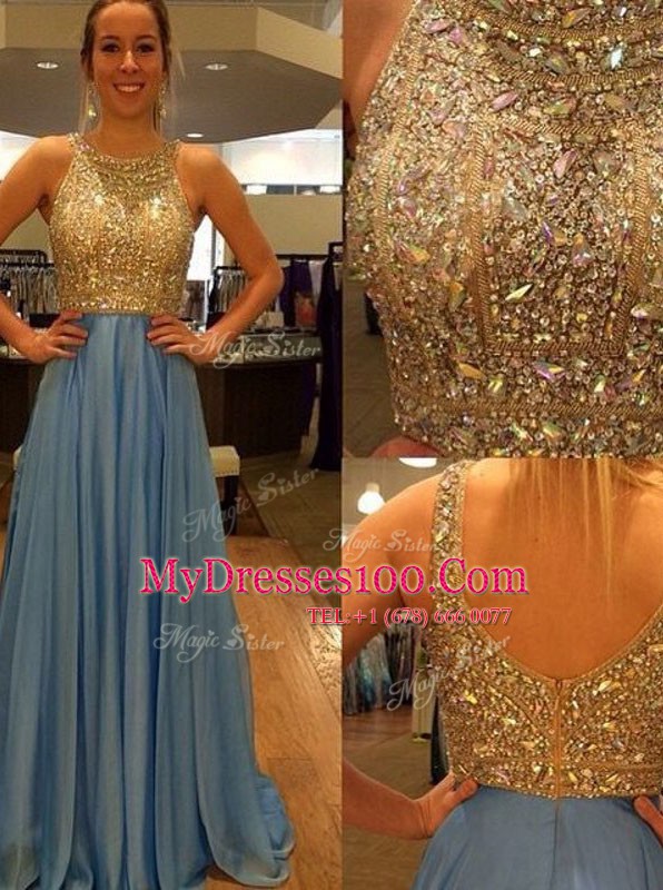 Chic Scoop With Train Blue Evening Wear Chiffon Brush Train Sleeveless Sequins