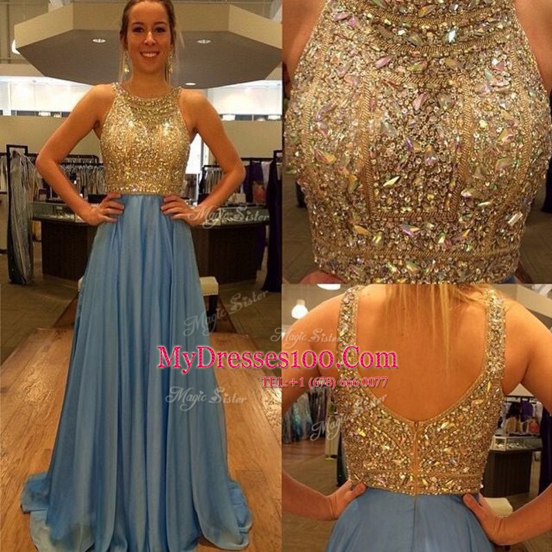 Chic Scoop With Train Blue Evening Wear Chiffon Brush Train Sleeveless Sequins