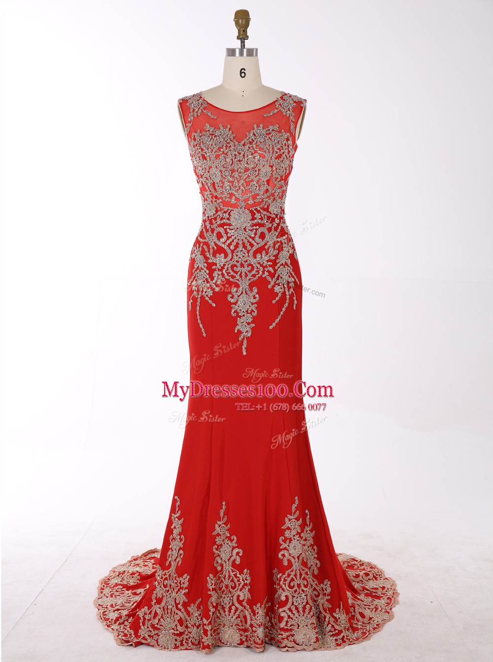 Mermaid Red Chiffon Zipper Scoop Sleeveless With Train Prom Party Dress Brush Train Beading and Appliques