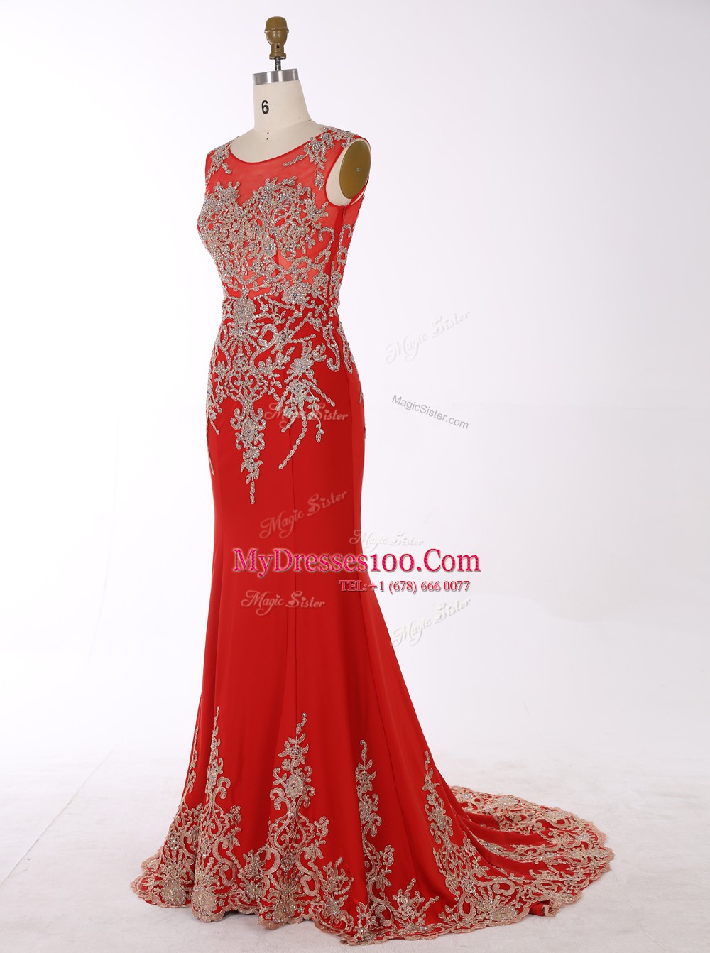 Mermaid Red Chiffon Zipper Scoop Sleeveless With Train Prom Party Dress Brush Train Beading and Appliques