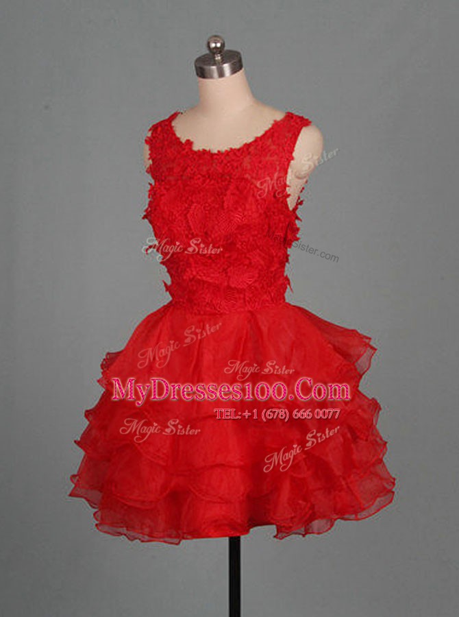 Red A-line Scoop Sleeveless Organza Mini Length Zipper Appliques Going Out Dresses