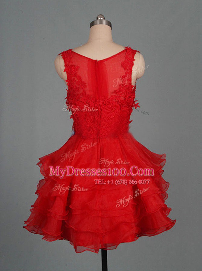 Red A-line Scoop Sleeveless Organza Mini Length Zipper Appliques Going Out Dresses