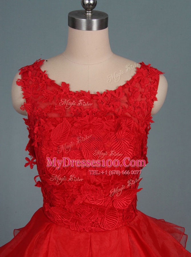 Red A-line Scoop Sleeveless Organza Mini Length Zipper Appliques Going Out Dresses