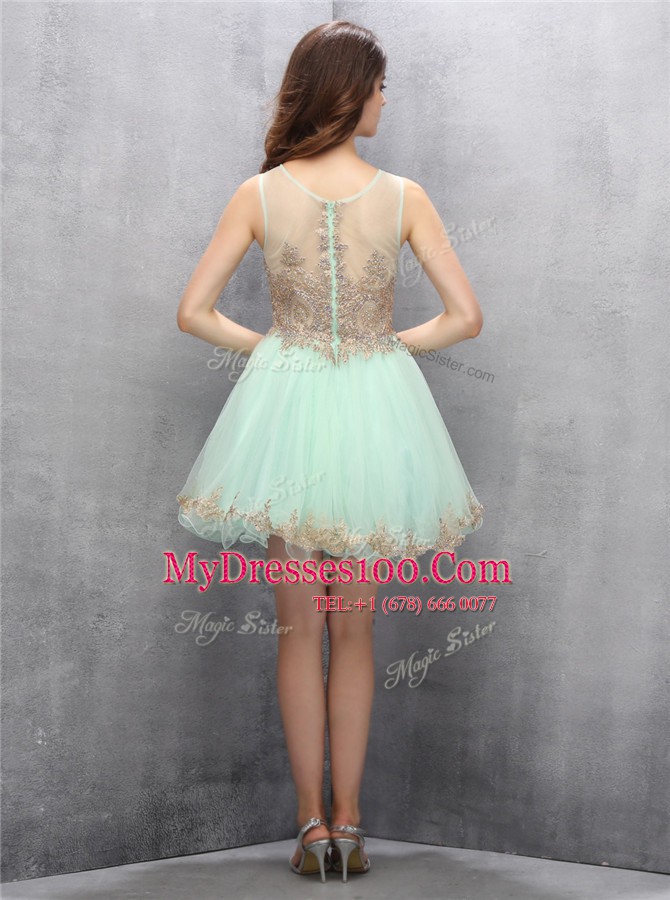 Apple Green A-line Scoop Sleeveless Tulle Knee Length Zipper Appliques Prom Gown