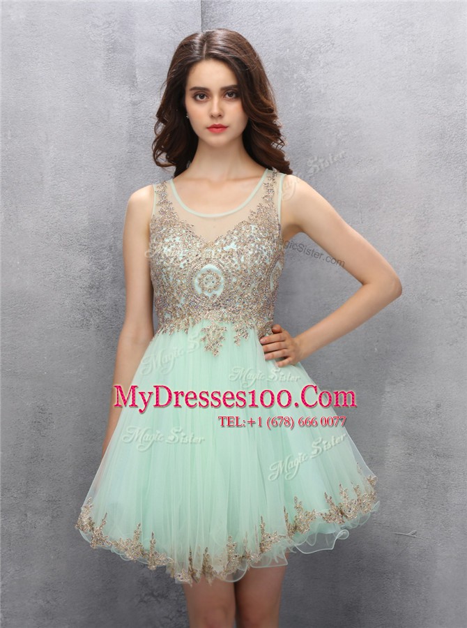 Apple Green A-line Scoop Sleeveless Tulle Knee Length Zipper Appliques Prom Gown