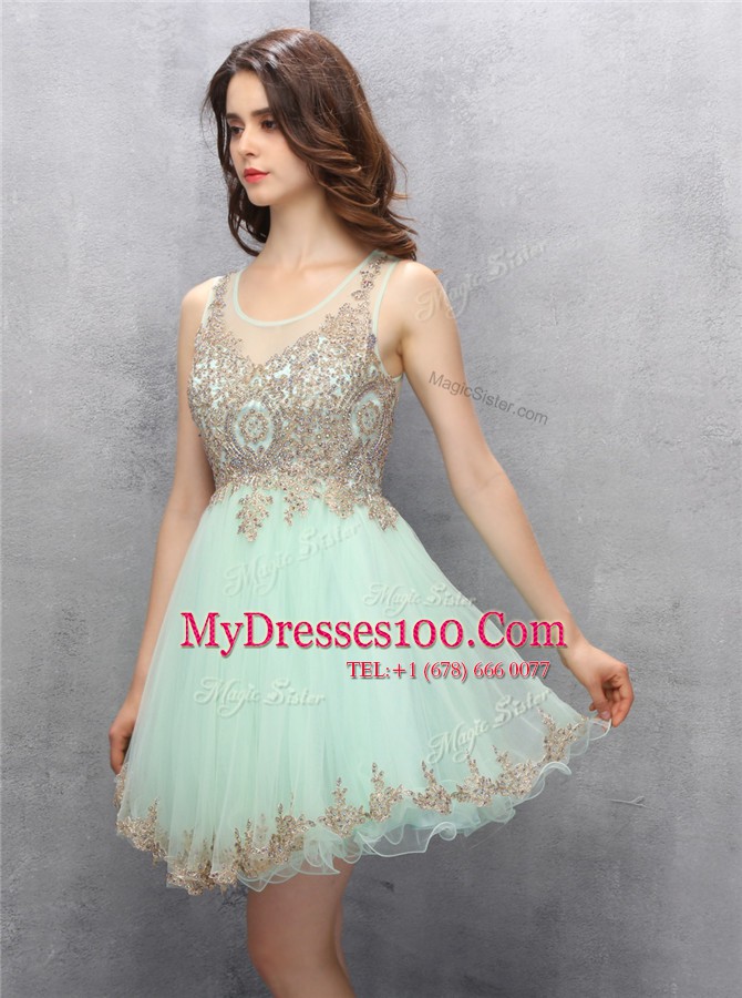 Apple Green A-line Scoop Sleeveless Tulle Knee Length Zipper Appliques Prom Gown