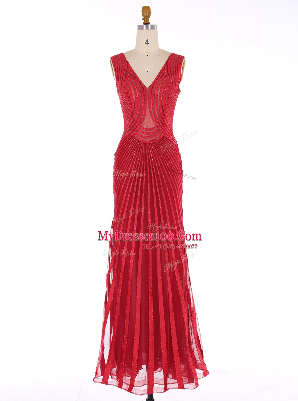 Ideal Mermaid Floor Length Red Prom Dress Chiffon Sleeveless Sequins