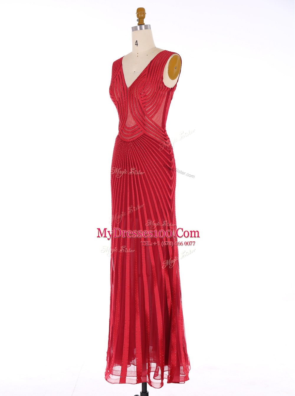 Ideal Mermaid Floor Length Red Prom Dress Chiffon Sleeveless Sequins