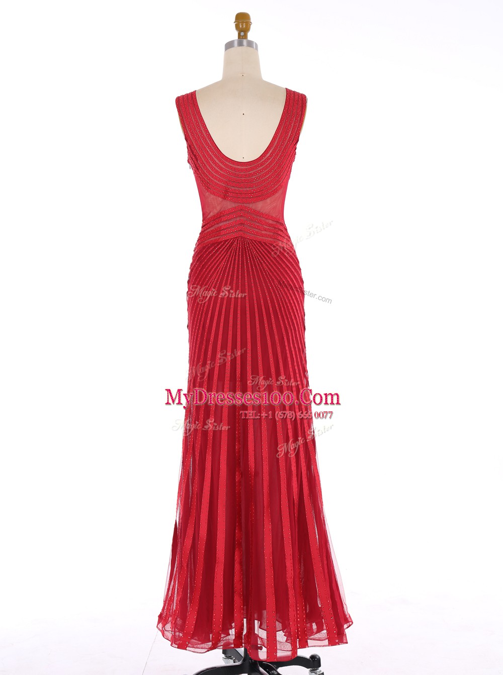 Ideal Mermaid Floor Length Red Prom Dress Chiffon Sleeveless Sequins