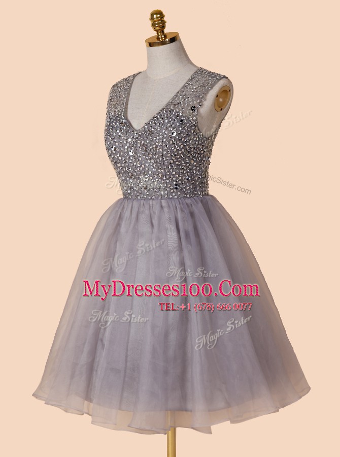 Knee Length Zipper Evening Gowns Grey for Prom with Sequins