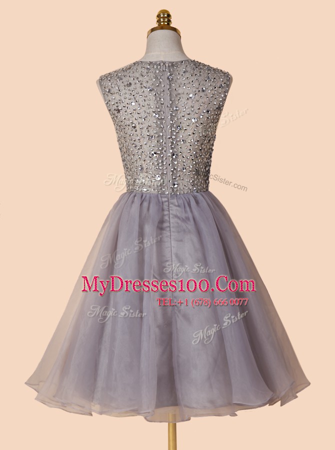 Knee Length Zipper Evening Gowns Grey for Prom with Sequins