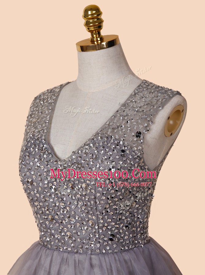 Knee Length Zipper Evening Gowns Grey for Prom with Sequins