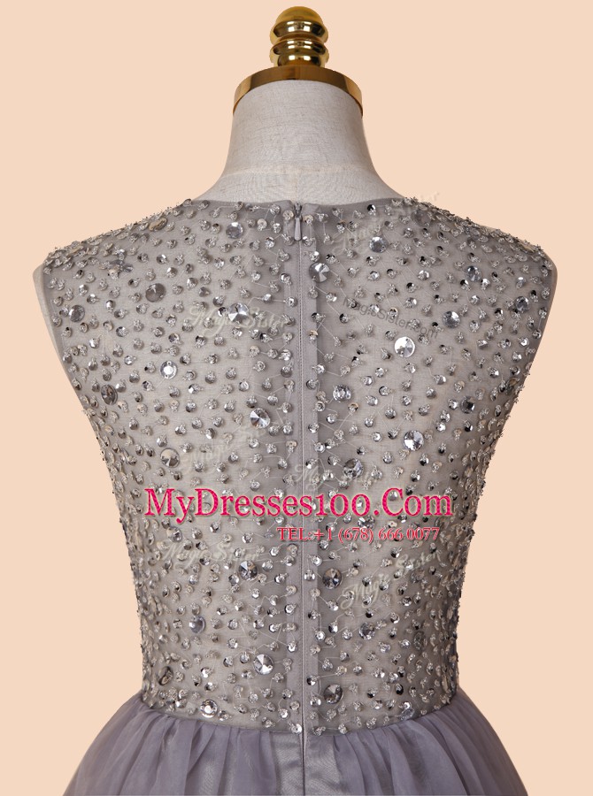 Knee Length Zipper Evening Gowns Grey for Prom with Sequins