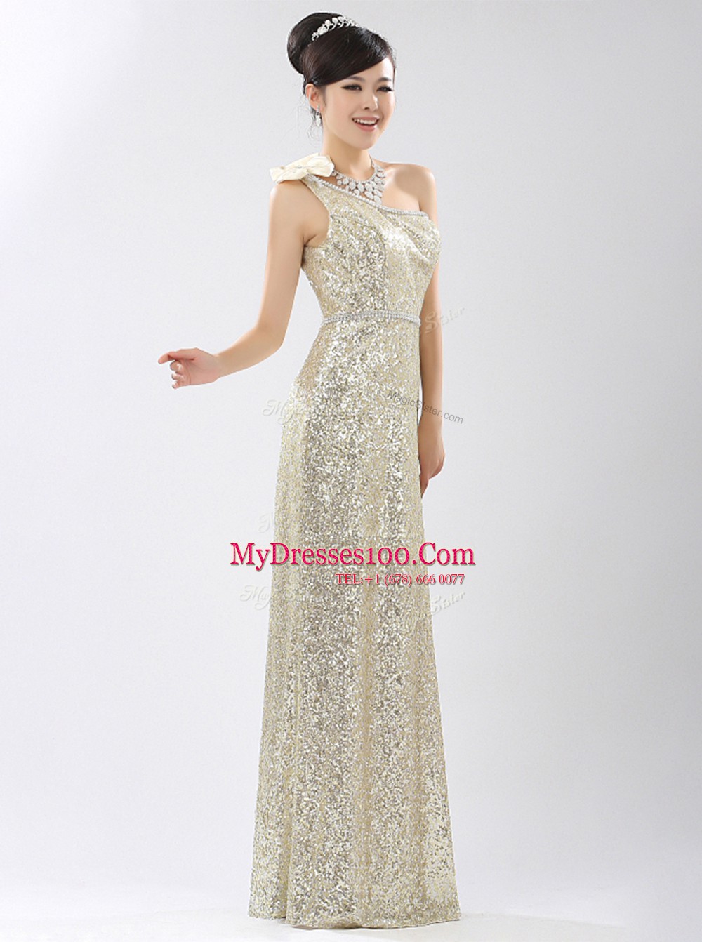 One Shoulder Champagne Sequined Zipper Prom Party Dress Sleeveless Floor Length Sequins