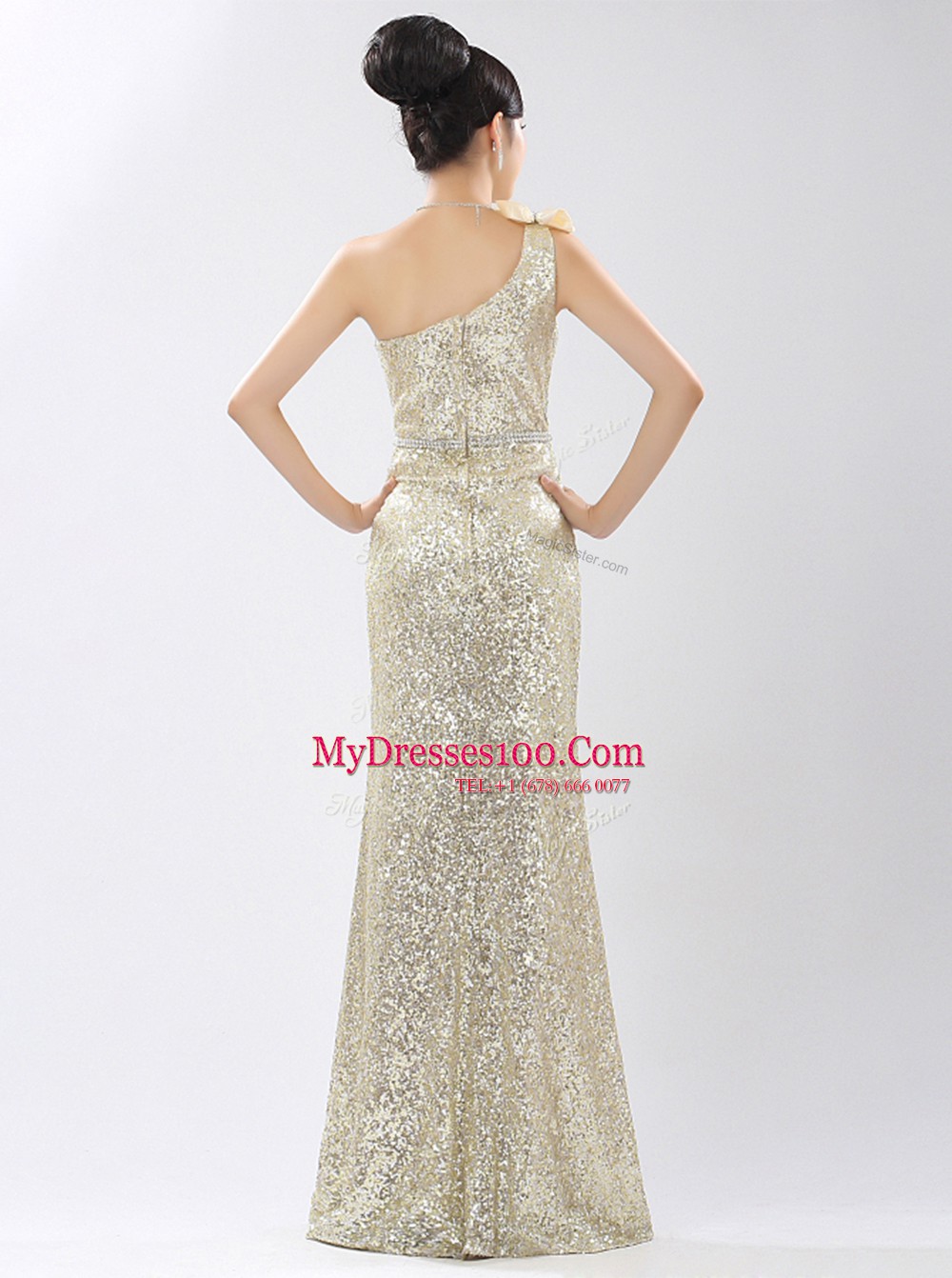 One Shoulder Champagne Sequined Zipper Prom Party Dress Sleeveless Floor Length Sequins