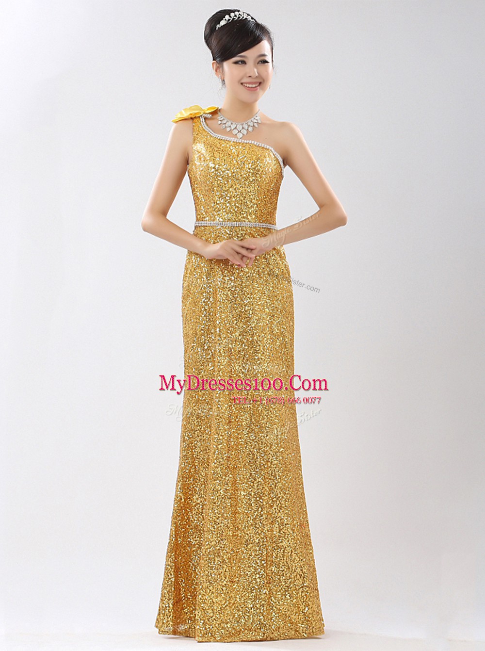 One Shoulder Champagne Sequined Zipper Prom Party Dress Sleeveless Floor Length Sequins