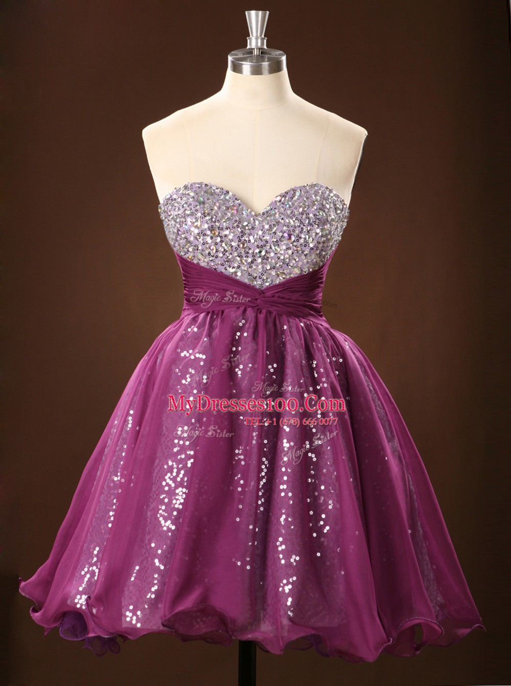 Extravagant Purple Chiffon Zipper Sweetheart Sleeveless Mini Length Sequins