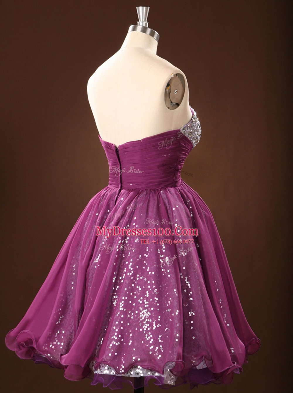 Extravagant Purple Chiffon Zipper Sweetheart Sleeveless Mini Length Sequins
