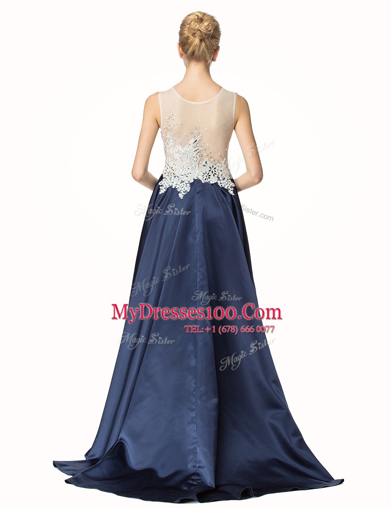 Navy Blue Satin Side Zipper Sleeveless Prom Dresses Brush Train Beading and Lace