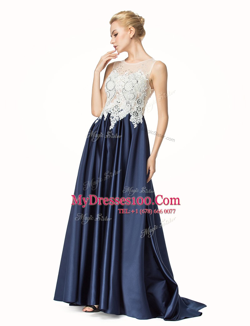Navy Blue Satin Side Zipper Sleeveless Prom Dresses Brush Train Beading and Lace