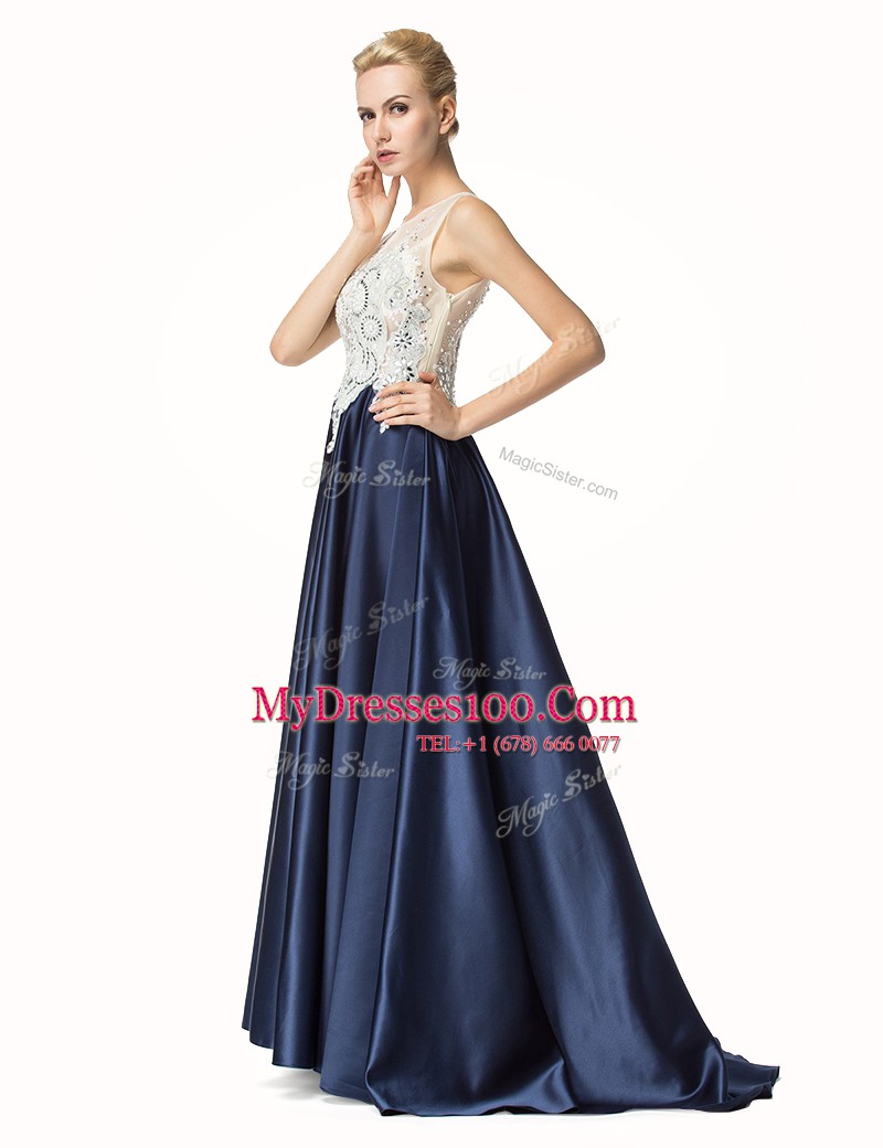Navy Blue Satin Side Zipper Sleeveless Prom Dresses Brush Train Beading and Lace