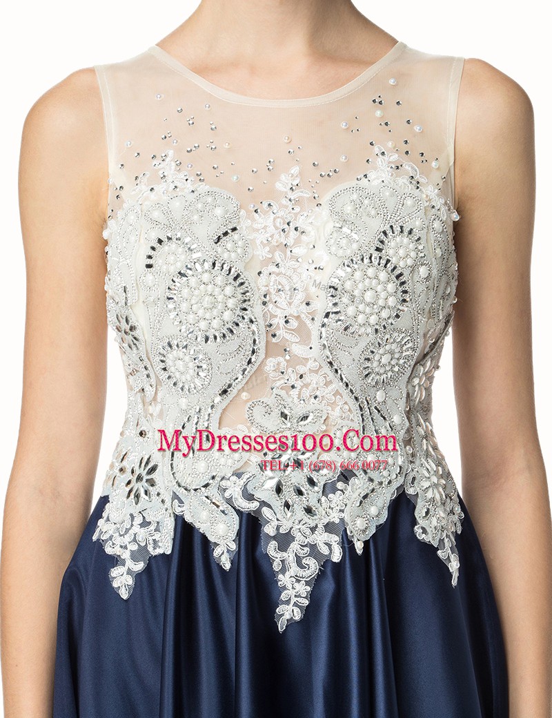 Navy Blue Satin Side Zipper Sleeveless Prom Dresses Brush Train Beading and Lace