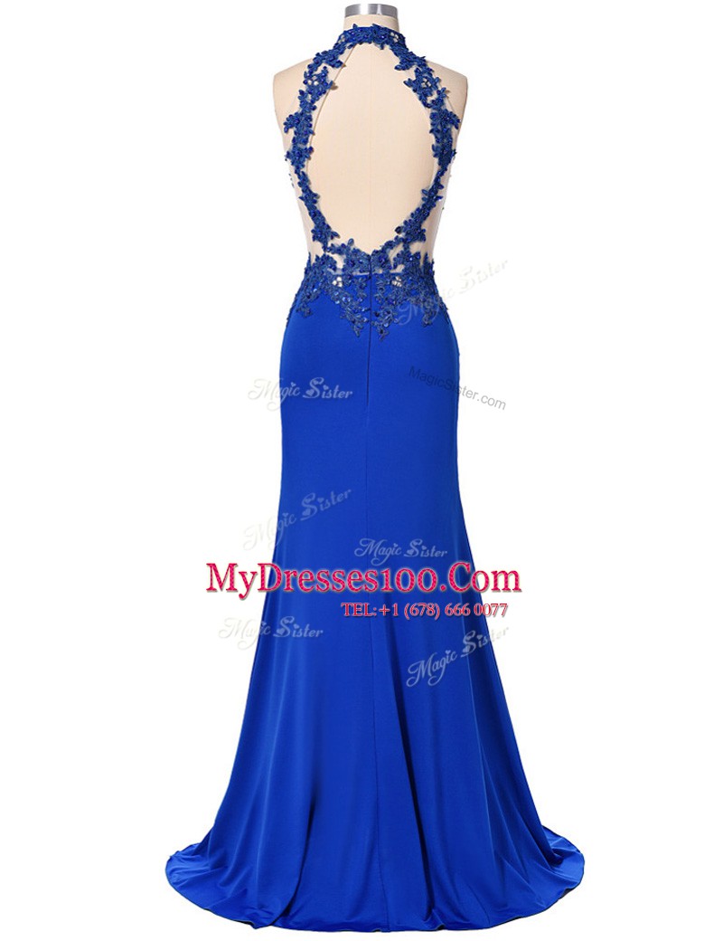 Beauteous Royal Blue Backless High-neck Beading and Appliques Prom Evening Gown Elastic Woven Satin Sleeveless