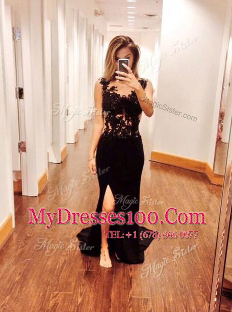 Mermaid Scoop Sleeveless Chiffon Brush Train Zipper Juniors Evening Dress in Black with Appliques