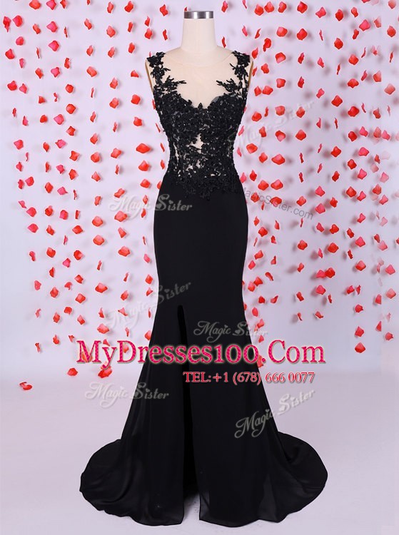 Mermaid Scoop Sleeveless Chiffon Brush Train Zipper Juniors Evening Dress in Black with Appliques