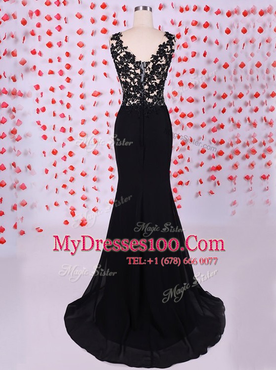 Mermaid Scoop Sleeveless Chiffon Brush Train Zipper Juniors Evening Dress in Black with Appliques