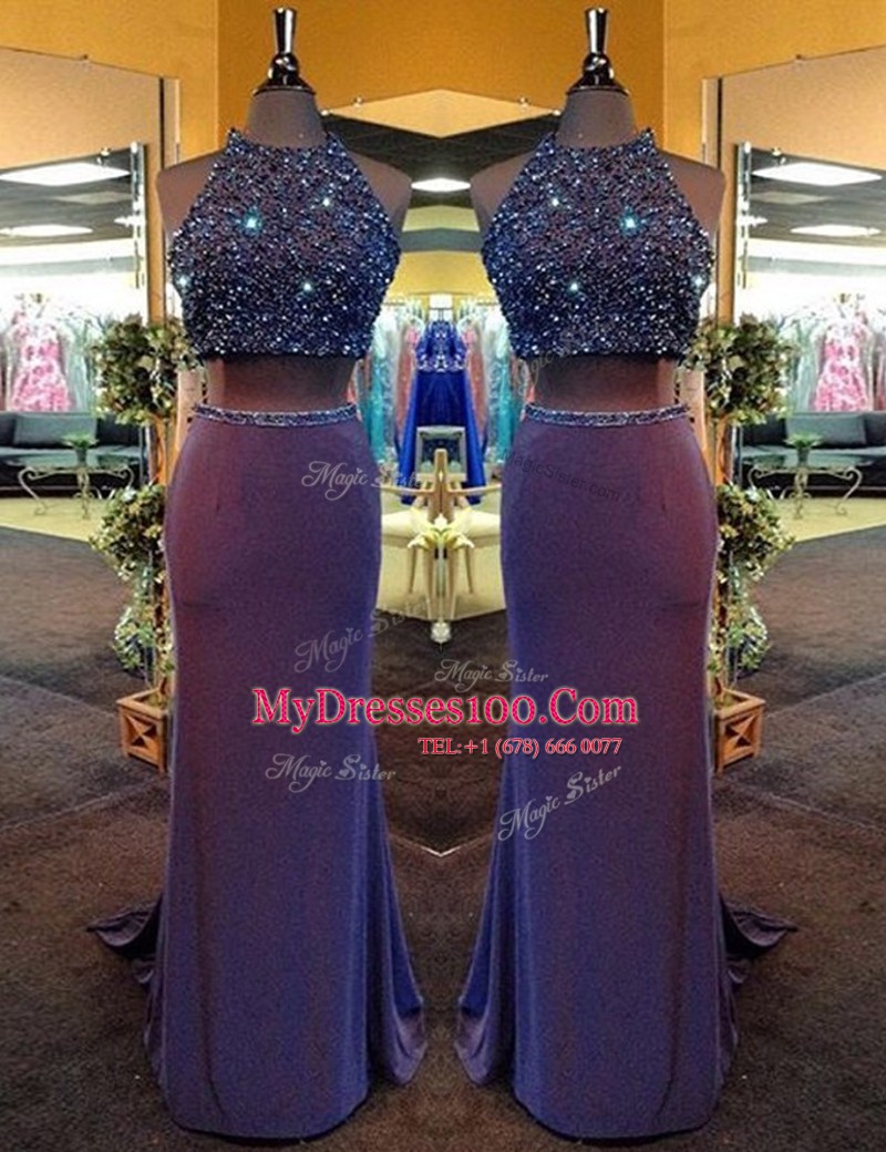Superior Purple High-neck Criss Cross Beading Going Out Dresses Sleeveless