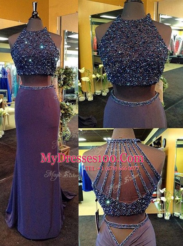 Superior Purple High-neck Criss Cross Beading Going Out Dresses Sleeveless