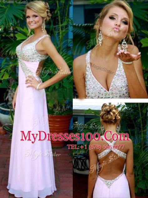 Great Chiffon V-neck Sleeveless Criss Cross Beading Dress for Prom in Pink