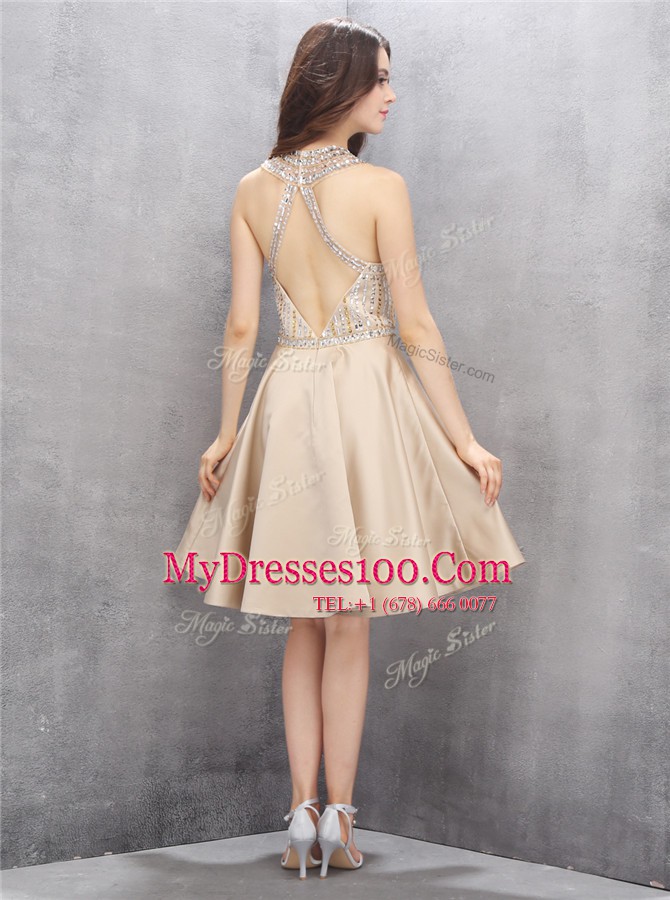 Fancy Champagne A-line Beading Evening Party Dresses Criss Cross Satin Sleeveless Knee Length