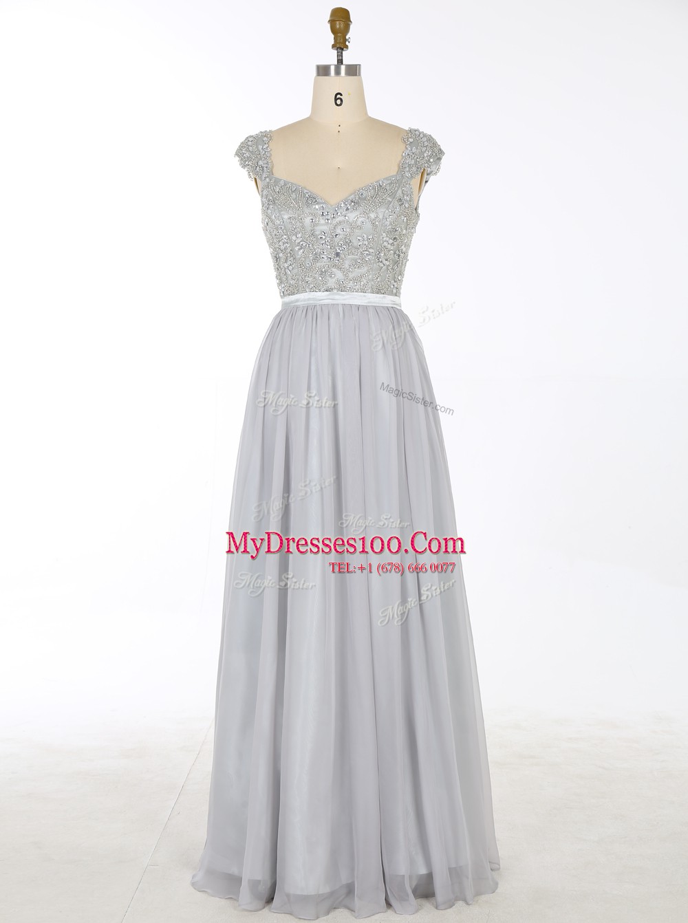 Beautiful V-neck Sleeveless Prom Evening Gown Floor Length Beading and Appliques Grey Chiffon