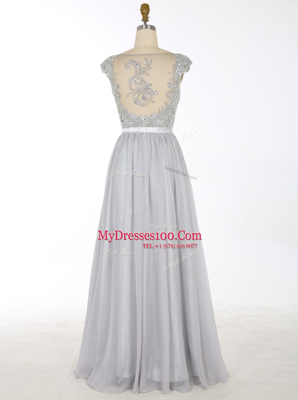 Beautiful V-neck Sleeveless Prom Evening Gown Floor Length Beading and Appliques Grey Chiffon