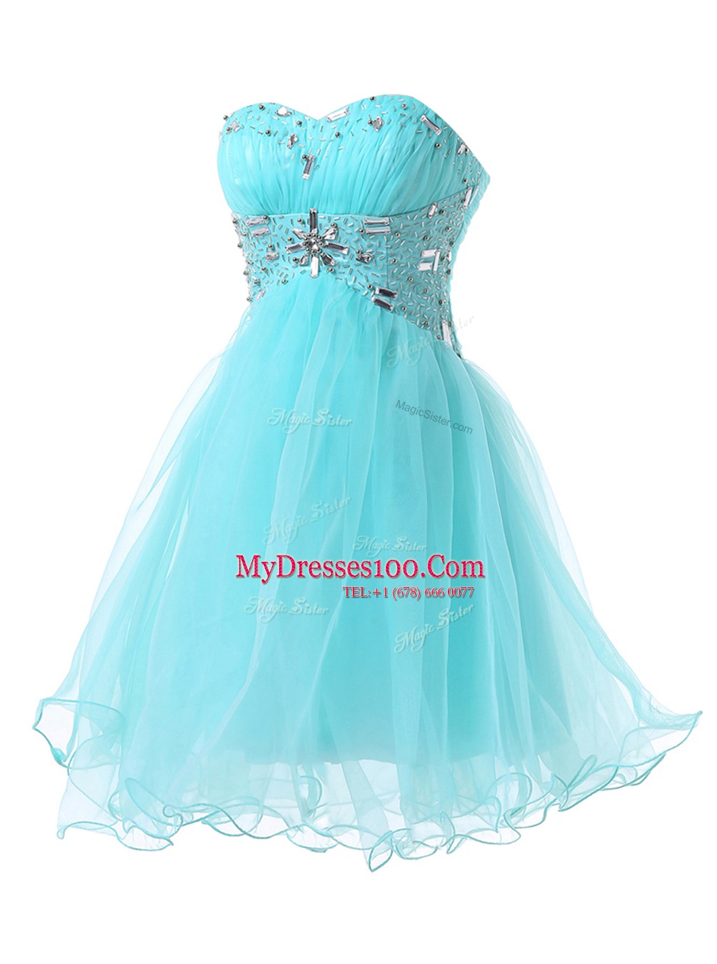 Trendy Sleeveless Knee Length Beading Lace Up Homecoming Dress with Blue
