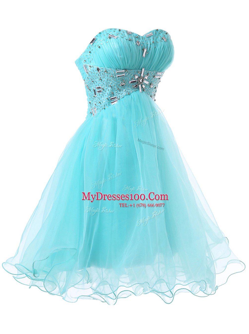 Trendy Sleeveless Knee Length Beading Lace Up Homecoming Dress with Blue