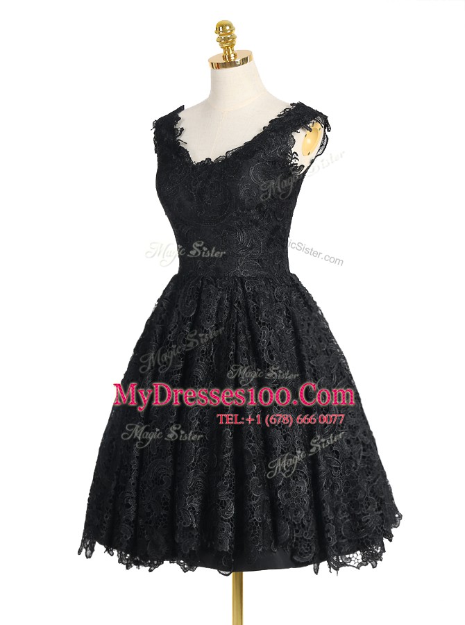 Lace Knee Length A-line Sleeveless Black Evening Outfits Zipper