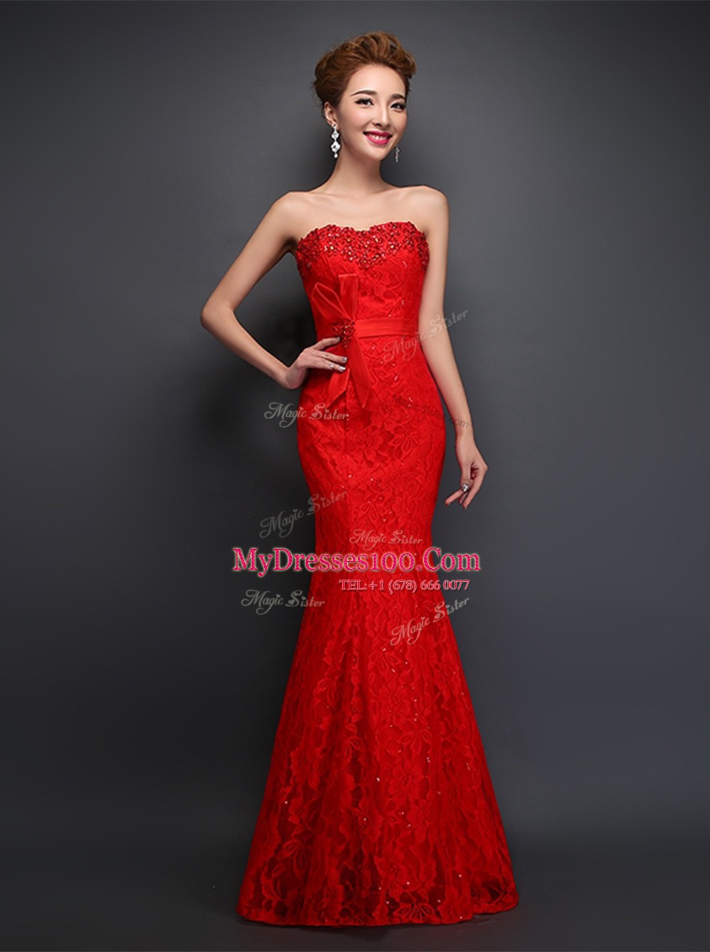 Top Selling Mermaid Lace Sweetheart Sleeveless Lace Up Beading and Bowknot Prom Dresses in Red