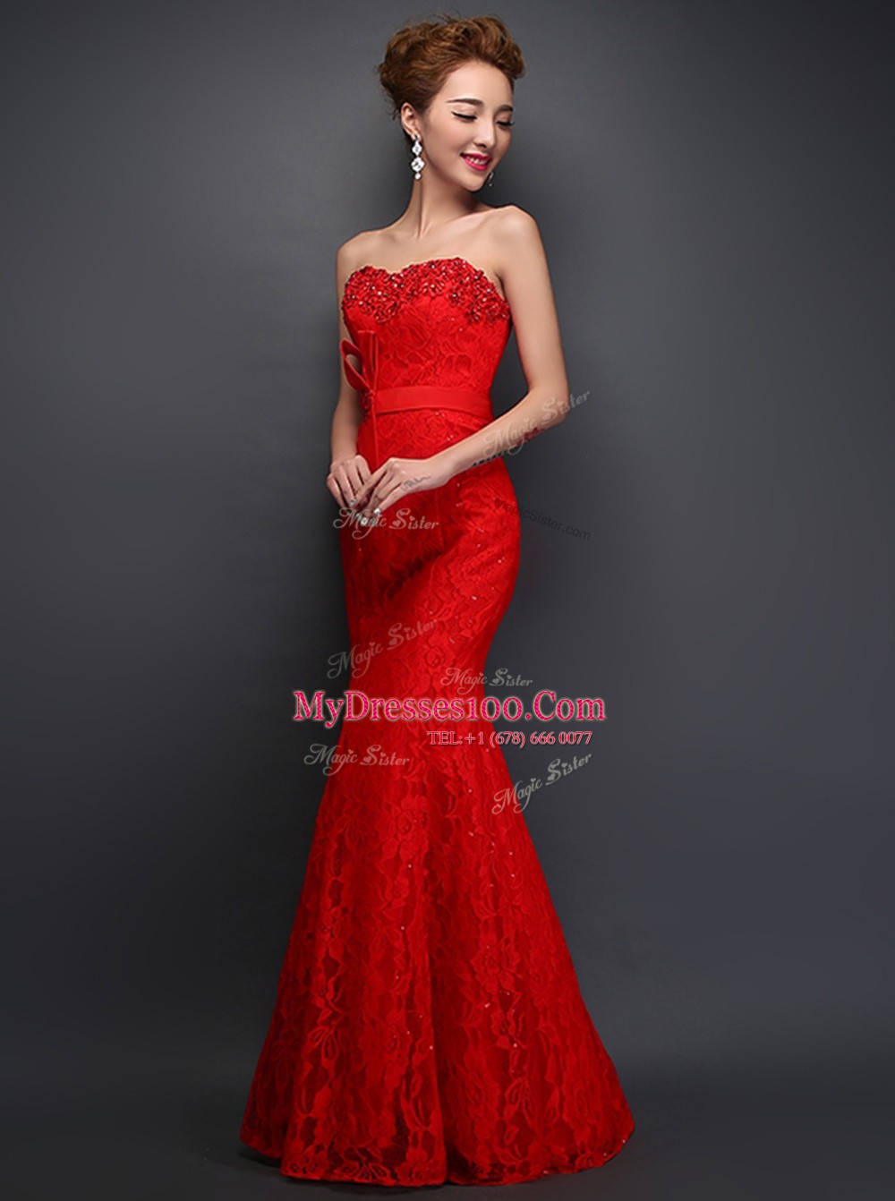 Top Selling Mermaid Lace Sweetheart Sleeveless Lace Up Beading and Bowknot Prom Dresses in Red