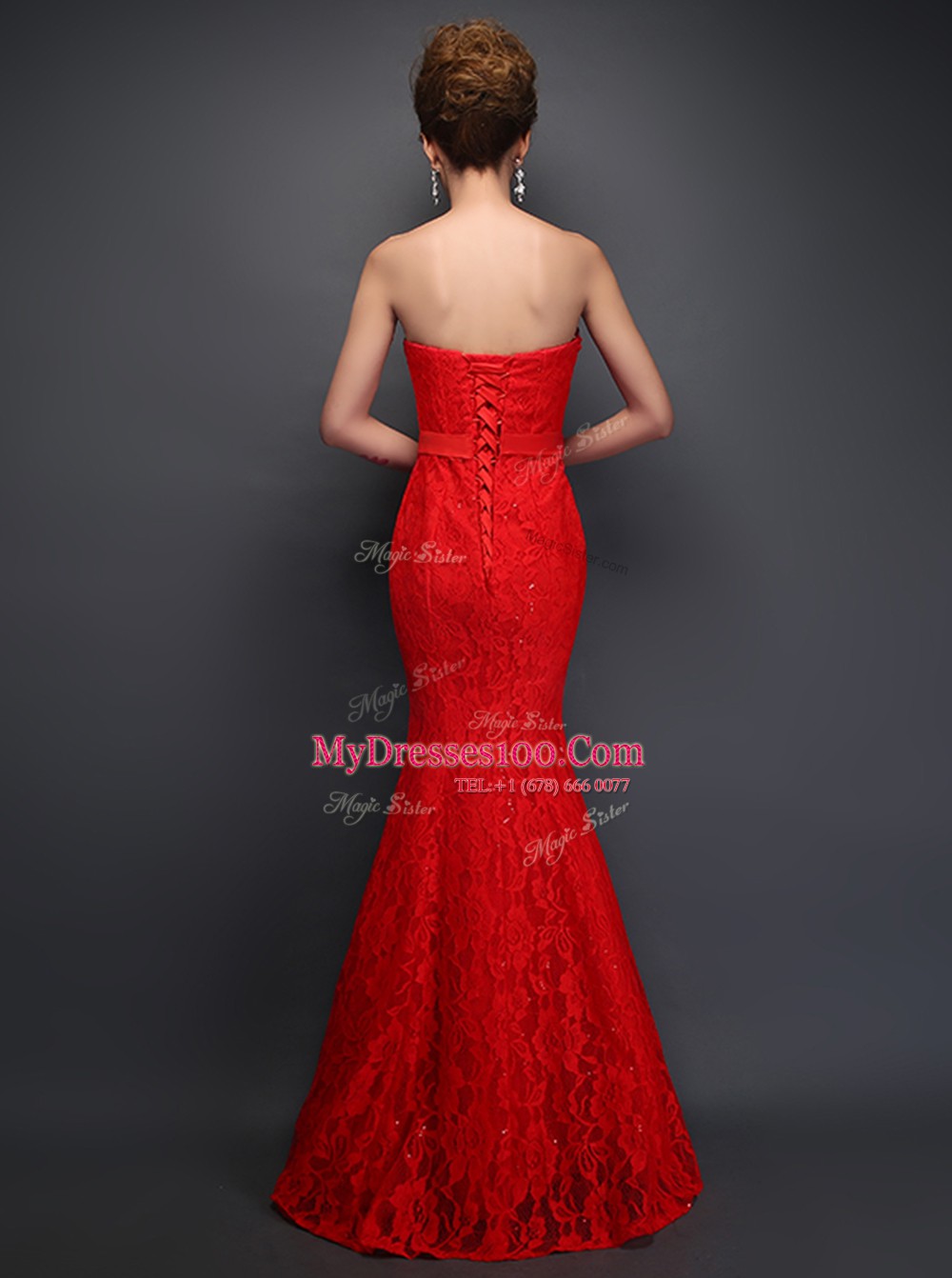 Top Selling Mermaid Lace Sweetheart Sleeveless Lace Up Beading and Bowknot Prom Dresses in Red