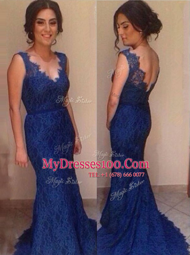 Flirting Mermaid Sleeveless Court Train Lace Backless Evening Outfits