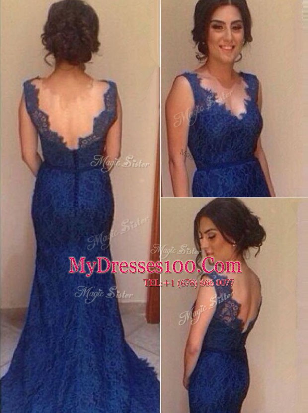 Flirting Mermaid Sleeveless Court Train Lace Backless Evening Outfits