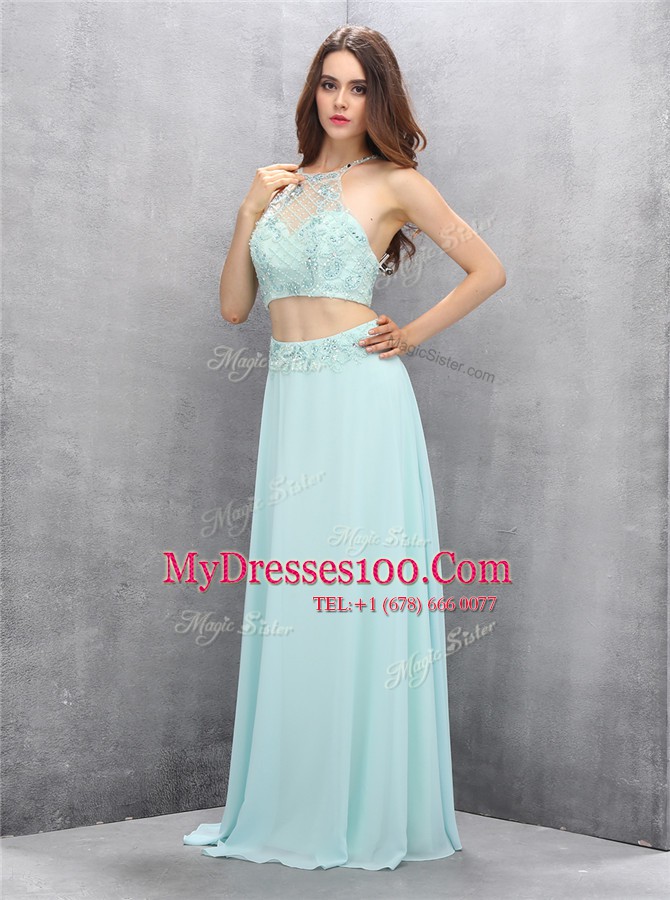 Halter Top Light Blue Sleeveless Chiffon Zipper Evening Dresses for Prom