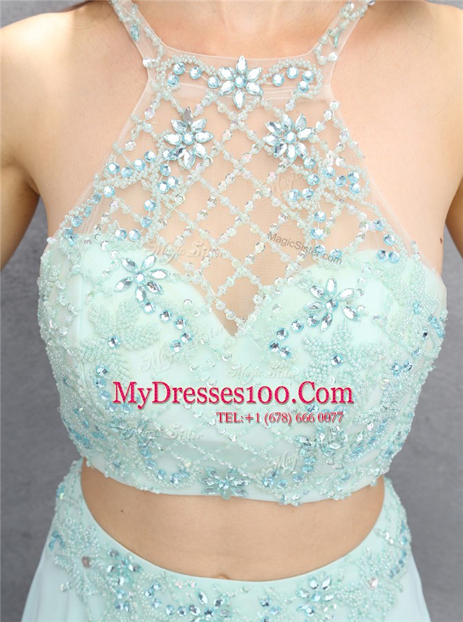 Halter Top Light Blue Sleeveless Chiffon Zipper Evening Dresses for Prom