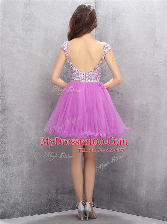 Excellent Lilac A-line Scoop Sleeveless Tulle Mini Length Zipper Beading Prom Gown