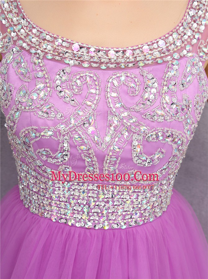 Excellent Lilac A-line Scoop Sleeveless Tulle Mini Length Zipper Beading Prom Gown
